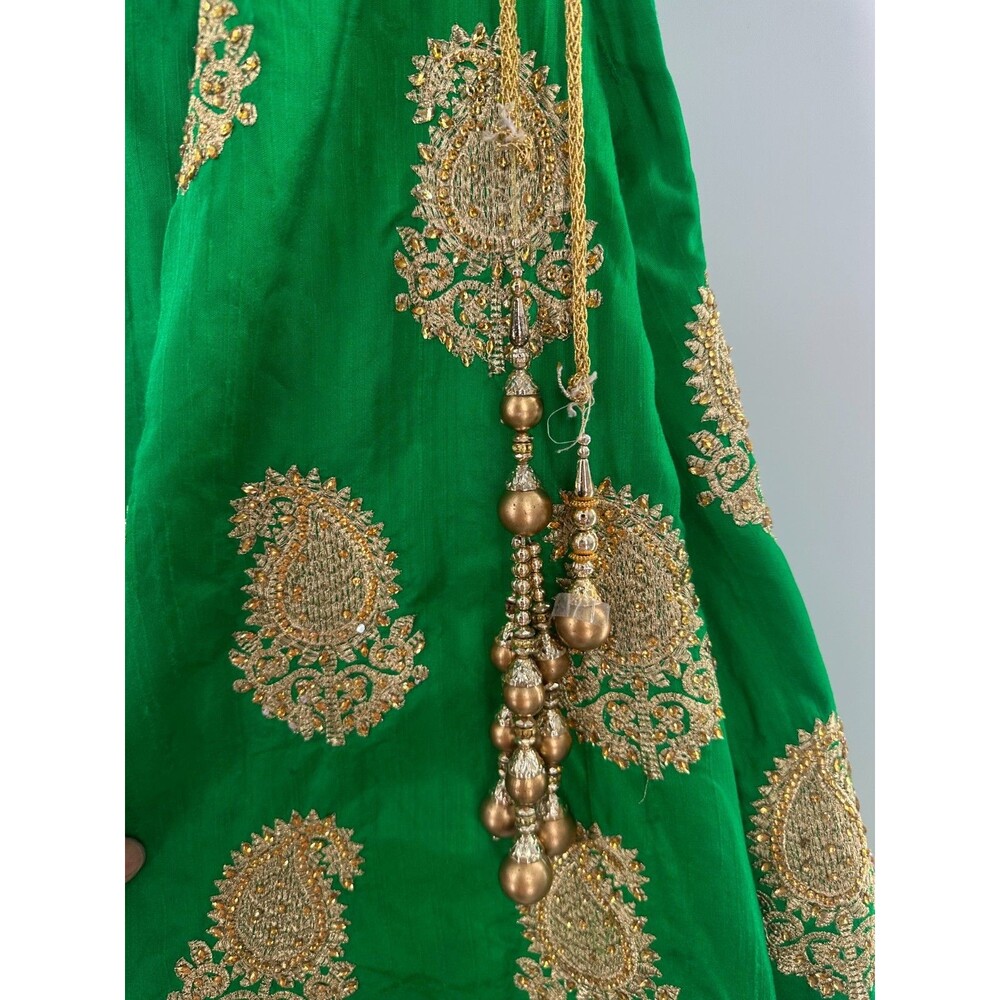 Indian Lehenga Maxi Emerald Green Gold Paisley Embroidered Flare Skirt Sz Small - Picture 6 of 8